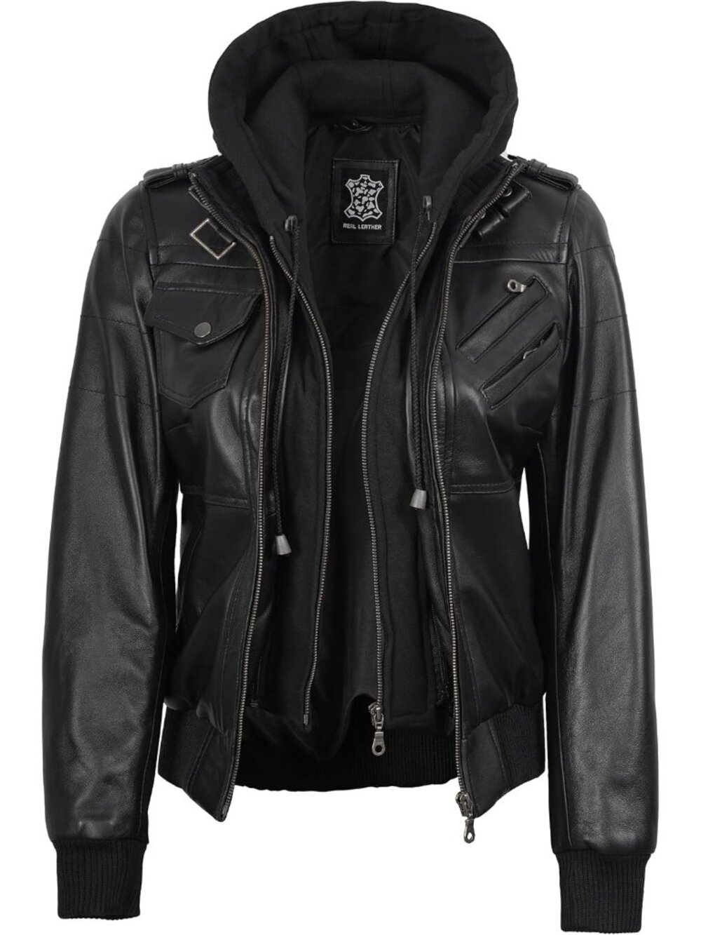 Women’s Black Hooded Real Lambskin Leather Bomber Jacket Detachable Hood